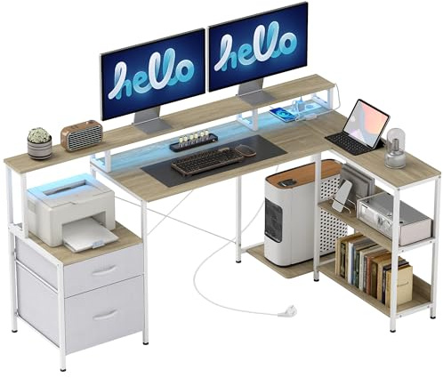 HOMCOM Scrivania angolare con prese e luci LED RGB, scrivania per computer, 172 x 100 cm, supporto per schermo, 2 cassetti in tessuto, supporto stampante, tavolo da computer per camera da letto o
