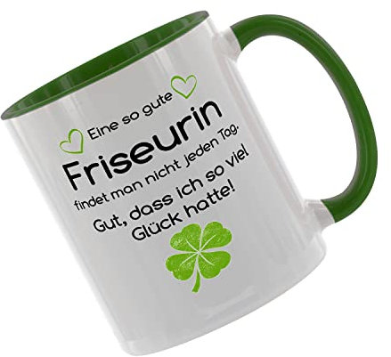 CreaLuxe Kaffeetasse 'Eine so gute Friseurin findet man nicht...' bedruckt, Spruchtasse, hochwertige Keramiktasse (Grün)