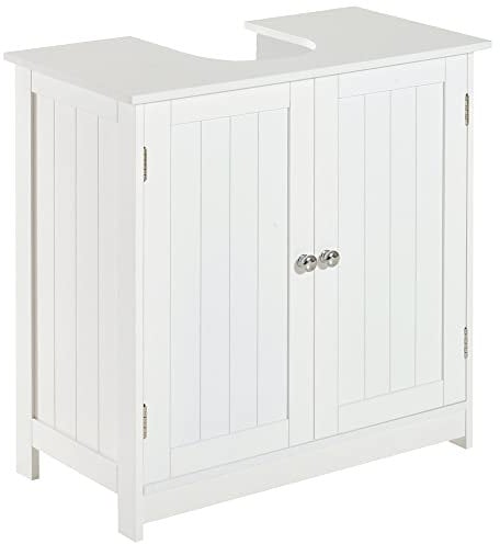 HOMCOM Waschbeckenunterschrank Badschrank mit Verstellbarer Ablage Unterschrank mit 2 Türen Badmöbel Waschbecken Badezimmerschrank Siphon-Ausschnitt Landhausstil Weiß L60 x T30 x H60 cm