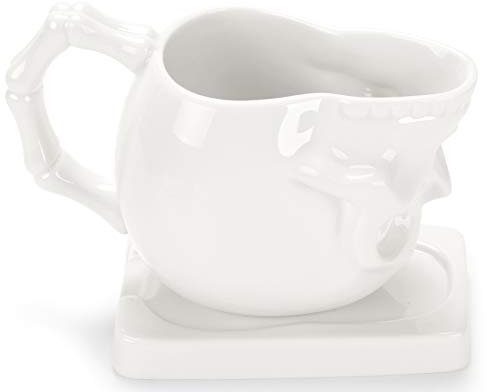 Skullis Porzellan-Keramik-Tasse in Totenkopf-Form, 400 ml und Untertasse für Zuhause und Büro, Party, Urlaub und Geburtstag, einzigartig, exklusiv