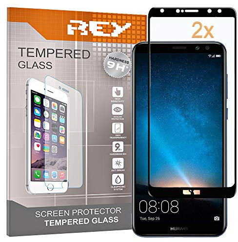 REY 2X Protector de Pantalla 3D para Huawei Mate 10 Lite, Negro, Protección Completa, 3D / 4D / 5D