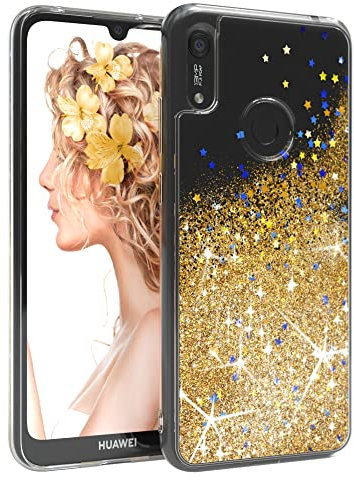 EAZY CASE Hülle kompatibel mit Huawei Y6s (2019) / Honor 8A Schutzhülle mit Flüssig-Glitzer, Handyhülle, Schutzhülle, Back Cover mit Glitter Flüssigkeit, Silikon, Transparent/Durchsichtig, Gold