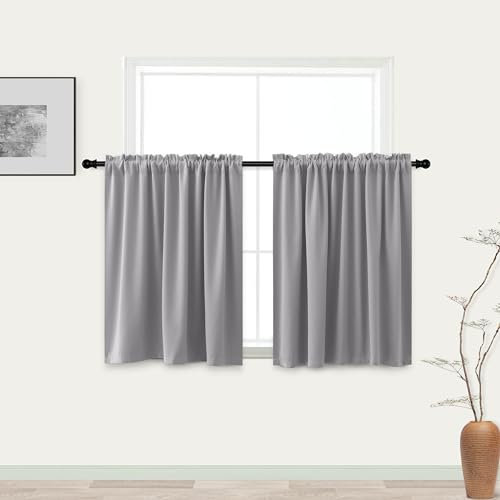KOUFALL Vorhänge für Kellerfenster, 2 Teile, verdunkelnd, klein, halb, mittelgrau, kurze Vorhänge für Schlafzimmer, Badezimmer, Hellgrau, 86,4 x 91,4 cm lang