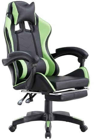 Brigros - Sedia da Gaming Racing Ergonomica Reclinabile con Braccioli, Poltrona Ufficio Girevole con Rotelle, Poggiapiedi, Poggiatesta e Cuscino Lombare in Similpelle, Portata: 125kg (Verde)