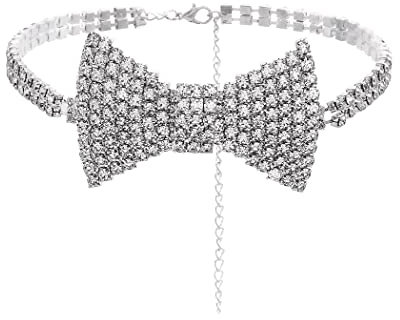 Sethexy Etincelant Pierre précieuse Tour de cou Paillettes Nœud papillon Collier Nœud papillon Tennis Chaîne Fête Boîte de nuit Mariage Costume Bijoux pour femmes et filles (Argent)