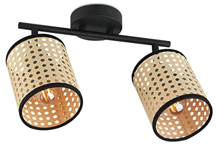 Home Sweet Home Landhaus LED Deckenleuchte | Ratan | 30/10/22cm | Schwarz | Deckenstrahler 2 Flammig | Rattan und Metall | Dimmbar | inkl. LED-Leuchtmittel | E14 4W 400lm |