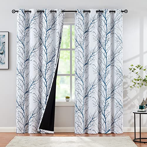 FMFUNCTEX Blau Grau Blickdichte Vorhänge für Wohnzimmer Gardinen mit Ösen Verdunkelungsvorhänge Baum Zweig Muster Ösenvorhang Thermovorhang für Schlafzimmer 2er Set, 245 x 129 cm (H x B)