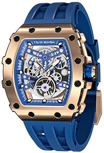 TSAR BOMBA Uhren Herren Armbanduhr Herren Automatik Uhr Herren Tonneau Analog Skelett Mechanische Herren Uhr Japanisches Uhrwerk Wasserdicht Klassische Luxus Armband Herren Geschenk Für Männer