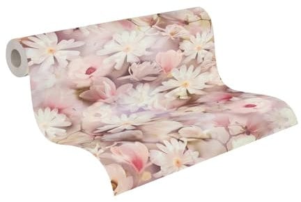 A.S. Création PrintWalls Vliestapete mit Blumen-Motiv 0,53 x 10,05 m - Blumentapete in Weiß Rosa - Tapete Landhausstil Floral Made in Germany -387222