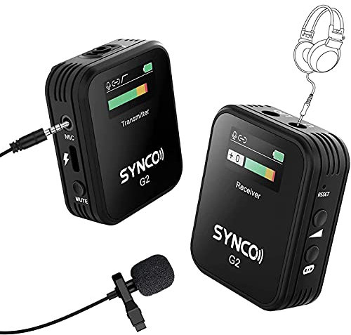 SYNCO G2 (A1) Lavalier Mikrofon 150 m Reichweite 2,4 G Drahtloses Mikrofonsystem mit 1 Empfänger + 1 Sender + 1 Lavalier-Mikrofon TFT-Bildschirm 3,5-mm-Stecker für Smartphone-Kamera Camcorder Vlog