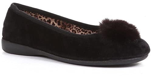 Pavers Women's Ballerina Slippers in Black with Lightweight Sole and Fluffy Pom Pom Detail - Thermal Lined Comfortable Shoes - Size 6 UK/EU 39