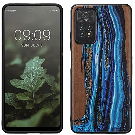 kwmobile Custodia Compatibile con Xiaomi Redmi Note 11 PRO/Note 11 PRO (5G) / Note 12 PRO (4G) Cover - Back Case in Legno con Bumper in Silicone TPU - Onda Blu/Marrone