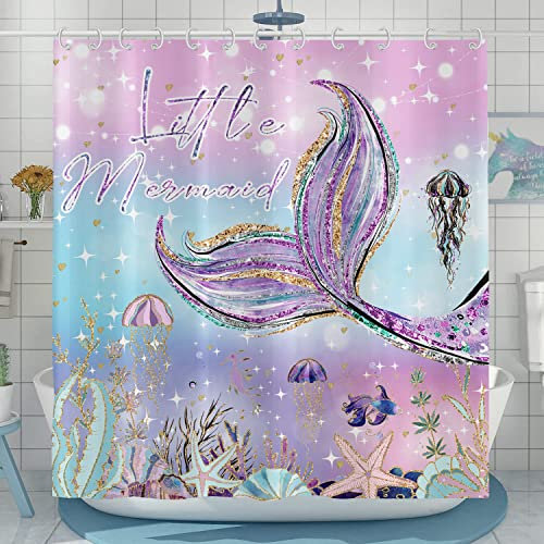 Duschvorhang Meerjungfrau 180x200, Hnmdmyi Lila Meerjungfrauenschwanz Fischschuppe Ozean Thema Qualle Seestern Koralle Kinder Mädchen Badewanne Vorhang Wasserdicht Polyester Stoff Waschbar Badevorhang