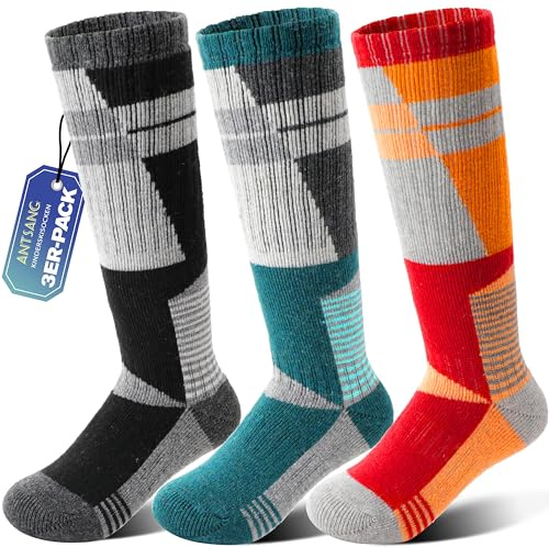ANTSANG Kids Merino Wool Ski Socks for Girls Boys Teen Thermal Thick Warm Winter Hiking Knee High Stocking Stuffers Socks for Skiing Snowboarding(Trapezoid,8-12 Y)