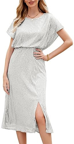JASAMBAC Silver Sequence Dresses for Women Party Night Dolman Sleeve Sparkly Glitter Dress M