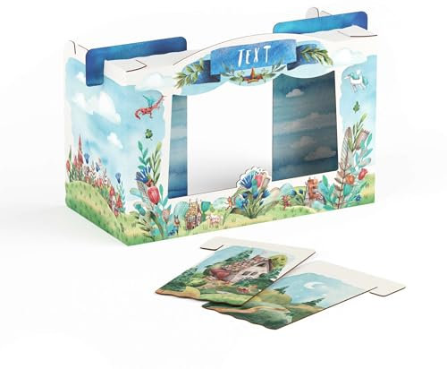 FOLDZILLA Tisch Puppentheater 47,3 x 75 x 38 cm aus Pappe Theater Karton - Kasperletheater inkl. Kulissen Minimärchen Wunschtext