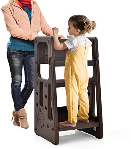 DREAMADE Verstellbarer Lernturm, Kinderhocker aus HDPE, Trittschemel mit 3 Stufen & Anti-Rutsch-Funktion, Einstellbarer Küchenhelfer, Tritthocker für Baby & Kleinkinder von 18-60 Monate (Braun)