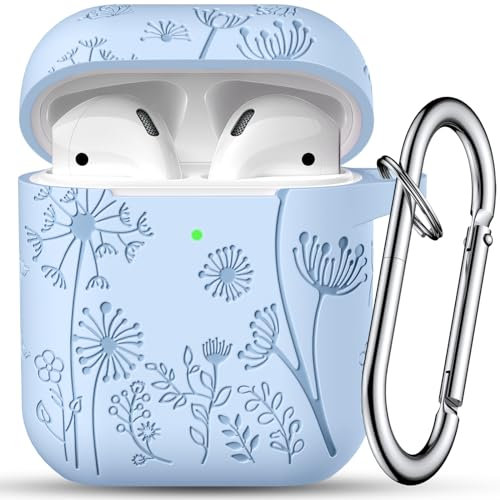 Maledan Schutzhülle mit Blumen-Gravur, kompatibel mit AirPods-Hülle, niedlich, weiches Silikon, stoßfest, Schutzhülle für Airpods 2. und 1. Generation, Hülle mit Karabiner, LED sichtbar, A-Lila