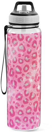 Sport-Trinkflasche, rosa Glitzer, Leopardenmuster, Tritan, Trinkflasche mit Strohhalm, groß, 1000 ml, BPA-frei, transparent, auslaufsicher, für Kinder, Jungen, Mädchen, Damen, Herren, Fitnessstudio,