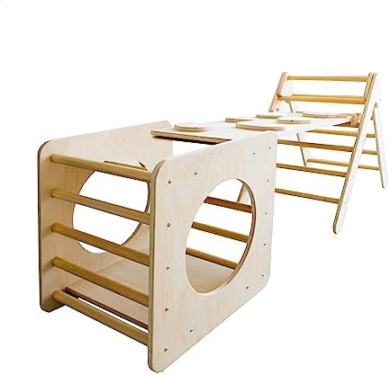 Pekiedo SWEETME - Triángulo de Pikler Montessori para niños con cubo montessoriano y rampa tobogán escalada, juegos educativos de madera