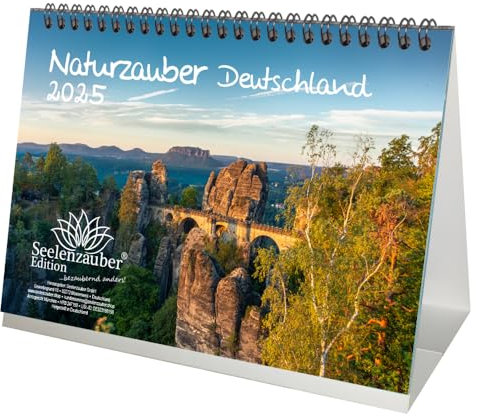 Naturzauber Deutschland DIN A5 Tischkalender für 2025 Natur - Set-Inhalt: 1x Kalender 1x Weihnachtsanhänger 1x Grußanhänger (gesamt 3 Teile)