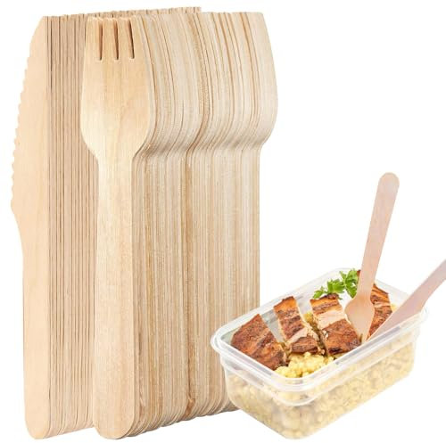 Wooden Cutlery Set, 200 PCS Disposable Wooden Cutlery Set, 100 Knives, 100 Forks, 100% All-Natural Birchwood Biodegradable for Party Picnic and BBQ Christmas and Home Daily Use 16 cm