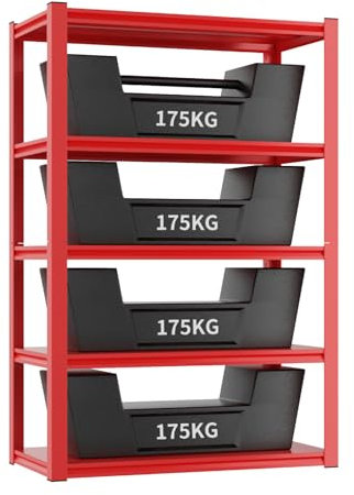 Himimi Scaffalature da Garage a 5 Ripiani Regolabili, Scaffali in Metallo Pesante, Unità di Scaffalatura per Garage, Capannone, Officina, Cantina, Magazzino, Dispensa, 90 x 40 x 180 cm, Rosso