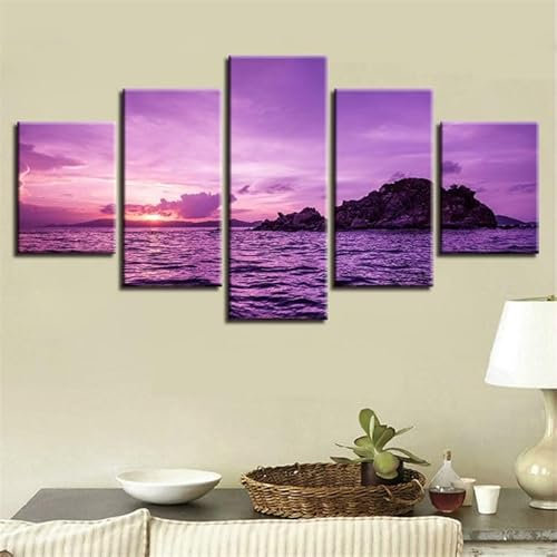 FatAco 5 Pezzi Quadri Moderni Soggiorno Cielo viola e vista mare dell'isola Arte Quadro Su Tela Decorazioni Camera Da Letto Bagno Cucina Ufficio Sala Da Pranzo (senza cornice)