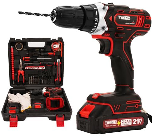 TEENO Avvitatore a batteria 21V Per Batteria Makita 21V 2 Batterie 2.0Ah,45 Nm Trapano Avvitatore Batteria, 25+1 Impostazione Coppia, 2 Velocità Cacciavite Elettrico, LED,46 Accessori e Valigetta