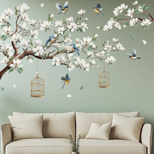 SUPERDANT Magnolie Vogel Wandsticker Großer Baum Wandaufkleber Weiße Blume Wandtattoo Magnolie Home Vinyl Wandsticker Decor für Wohnzimmer TV Hintergrund Schlafzimmer Wanddeko 9pcs/Set