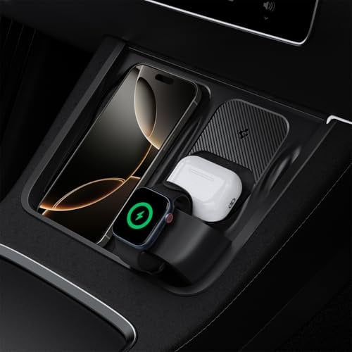 Spigen Tesla Model Y (2022-2024) Model 3 (2022-2023) Mittelkonsole 3 in 1 Organizer, Kabellose Ladung Hub Aufbewahrung Station, Einfache Ladekabelordnung, Entwickelt für Model Y 3 Zubehör - Carbon