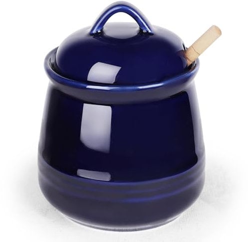 HAOTOP Ceramic Honey pot with Lid and Honey Dipper,Porcelain Honey Jar Easy to Clean and Dishwasher Safe,12oz (Navy)
