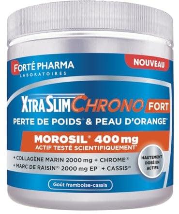 Forté Pharma - XtraSlim Chrono Fort - Perte de poids, Peau d'orange - Poudre Morosil, Collagene marin bas poids moléculaire - Marc de raisin, Chrome, Cassis - Pot 205g, 15 jours