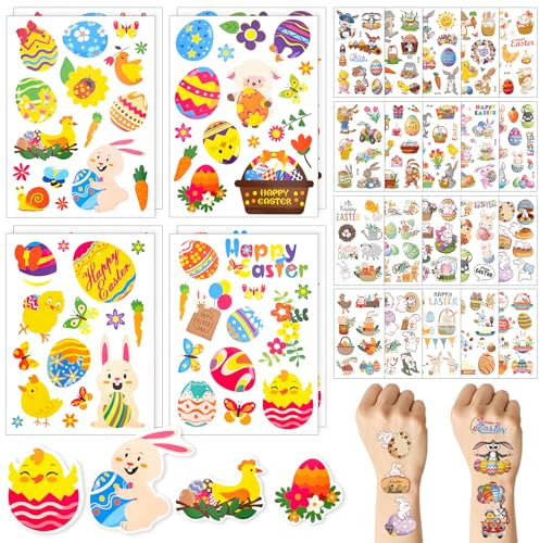 292PCS Ostersticker,Ostern Tattoo-Aufkleber Kinder,Ostern Tattoos Sticker Geschenk,Ostern Kindertattoo,Osterhasen Egg Küken Blumen Aufkleber für Jungen Mädchen Oster DIY Dekorationen(28 Blatt)