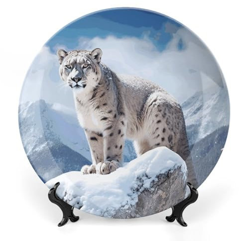 LYHVSFJW Assiette décorative en céramique avec support - Motif léopard des neiges - 25,4 cm - Ornements en céramique pour décoration murale