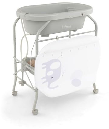 GOPLUS Baignoire Pliable Bébé 4 en 1, Baignoire Bebe sur Pied, avec Panier de Rangement et Roues Verrouillables, Charge 35 KG, Table a Langer avec Baignoire pour 0-12 Mois (Gris Clair)