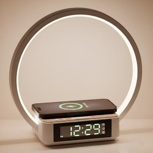 SMARTERIOR Alarm Clock, Nachttischlampe mit 15W kabelloser ladefunktion, Dimmbare Touch Tischlampe mit Nachtlicht, USB-Anschluss, 4 Stufige Helligkeit, Tischlampe für Schlafzimmer Wohnzimmer Büro