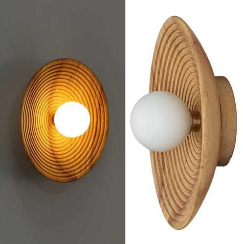 Alpinaluz Wandleuchte Chloé – Design Wabi Sabi mit Holzsockel in Schalenform Ø29 cm und blickdichter Glasballon – Sockel G9 – dekorative Beleuchtung für Schlafzimmer, Wohnzimmer oder Flur