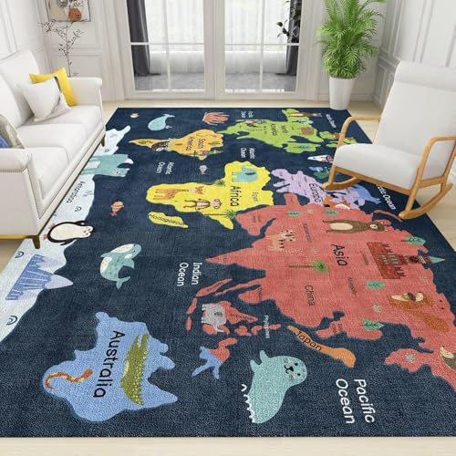 SMXVRC Cartoon World Map Indoor Rugs, 80x150cm, Navy Blue Animals Children's Rug, Cozy Low Pile Pet Friendly Mats, Reduce Noise Anti-Slip Breathable Area Carpet for Dining Room Classroom