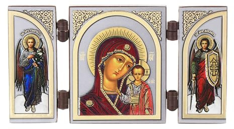 NKlaus Triptychon, christlich, Reisealtar, Gottesmutter, Kazan, 1 Stück | Goldene Prägung und Lackschicht bewahren brillante Farben und feine Details
