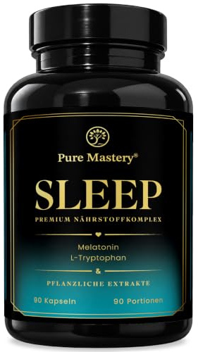 Pure Mastery® Pure SLEEP Nährstoffkomplex mit Melatonin, Melisse, Passionsblume, Ashwagandha, Hopfen, B-Vitaminen, Magnesium und Aminosäuren - 90 Kapseln. Vegan und laborgeprüft.