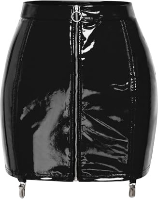 TiaoBug Damen Wetlook Rock Lack Leder Spitzen Minirock Kurz Eng Lederrock mit Reißverschluss Strumpfbändern Punk Gothic Kostüm Gogo Outfits Clubwear