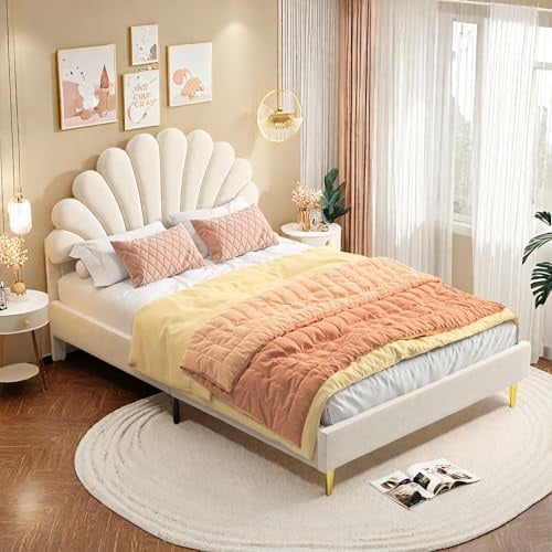 Lit 140x200cm avec Tête de lit en Forme de Fleur, Sommier à Lattes, Lit Rembourré pour Adulte et Adolescent, Cadre sans Matelas, Beige, Velours