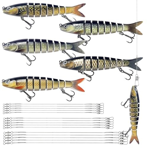 5 Stück Wobbler Angelköder 15 Stück Stahlvorfach 7x7 (15/25/30cm) Bionische Hecht Köder Mehrgelenkige Angel Köder Swimbait Geeignet zum Angeln Barrakudas Wolfsbarsche Forellen