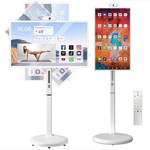 32-Inch Portable Smart Touch Screen TV, Android OS, Voice Control, 10500mAh Battery, 8G RAM, 128G Storage, Rolling TV on Wheels with Remote Control