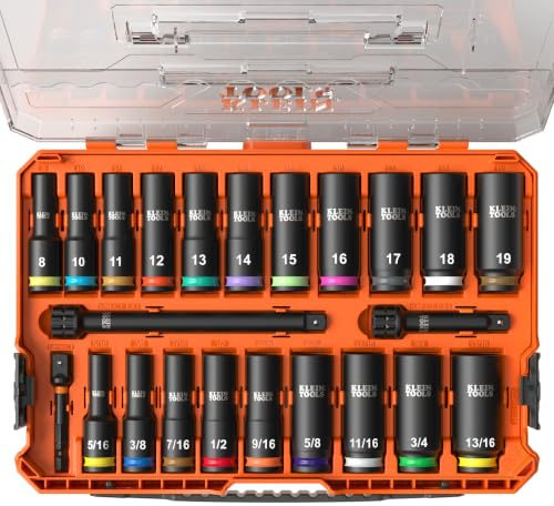 Klein Tools 65121IMPCT KNECT Deep-Well 3/8-Inch Drive Impact Socket Set, SAE and Metric, 23-Piece Tool Set, Impact Driver Adapter, Multi-Purpose Wrench Adapter, Color-Coded, MODbox Socket Organizer