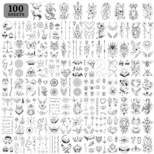 Temporäre Tattoos Erwachsene, Fake Tattoo für Männer Damen 100 Blätter | 2 wochen Temporary Tattoo, Tatoo Zum Aufkleben für Frauen Mädchen, Wasserdicht, Karneval Fasching Deko, Festival Accessoires