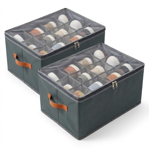 Schuhorganizer Set aus 2 Boxen, je mit 12 Fächern für bis zu 12 Paar Schuhe - Stabile Schuhaufbewahrung mit transparentem Deckel & Griffen - Platzsparende Aufbewahrungslösung für Kleiderschrank