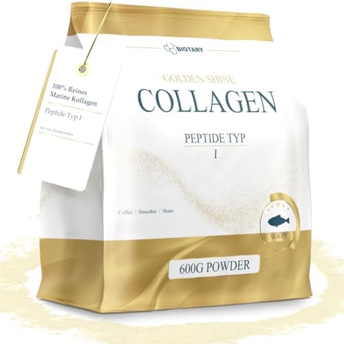 GOLDEN SHINE Marine Collagen Pulver 600 g reines Fischkollagen Hydrolysat | Kollagen Peptide Typ 1 mit Messlöffel gut löslich geschmacksneutral 60 Tage Vorrat geprüfte Qualität