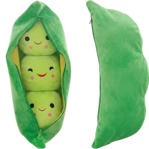 Pea Pod Plush Soft Cuddle Doll - Green Plant Doll With Zipper, Cartoon Peas Stuffed Toy With Expressive Faces, Medium Novelty Design Snuggle Pillow For Kids, Car Decoration Gift